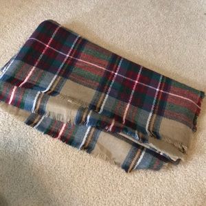 Plaid blanket scarf tan, red, green, and blue